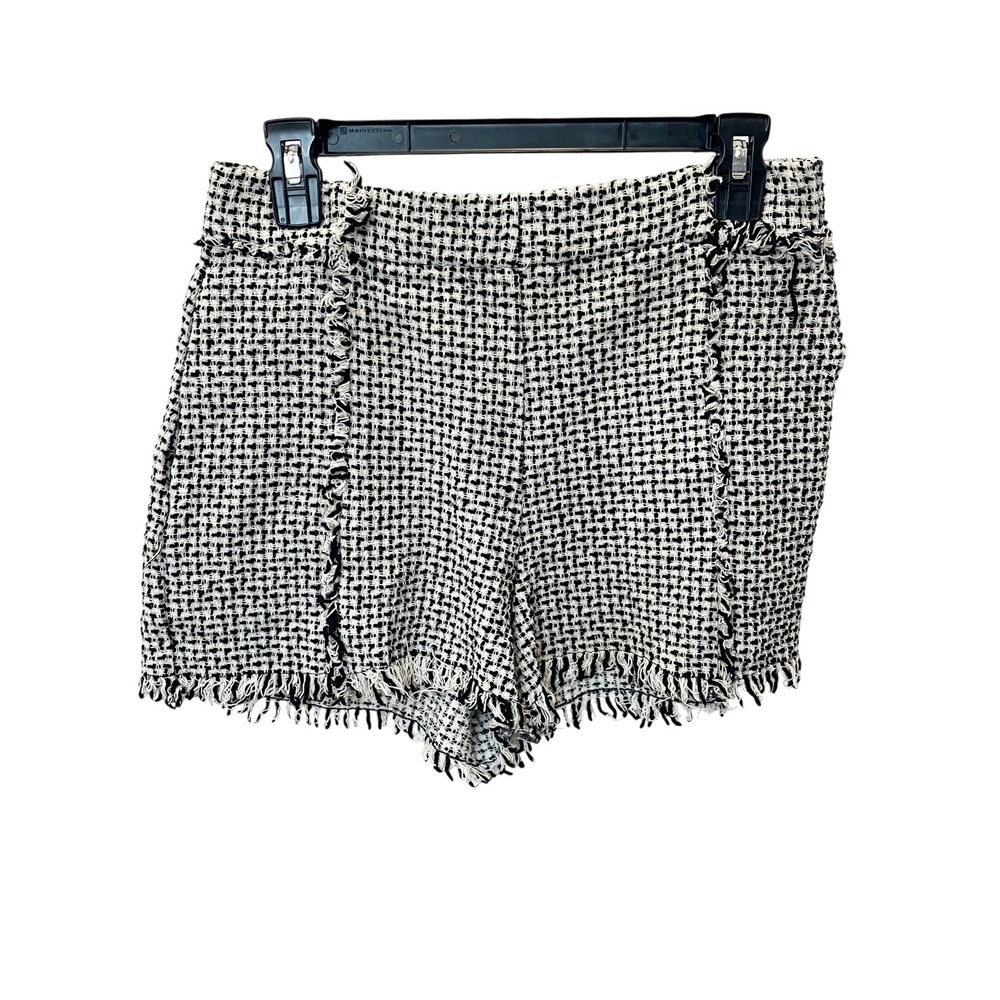 Zara Womens Black White Tweed Frayed Raw Hem High Waisted Shorts - Size Large